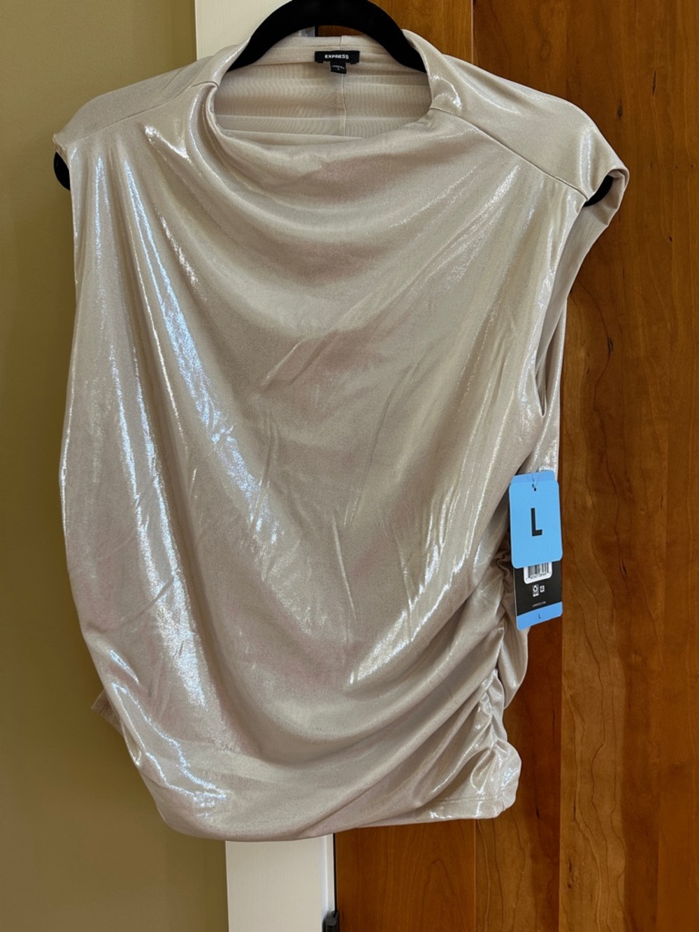 Express Shimmer Cream Metallic Cowl Shoulder Tunic